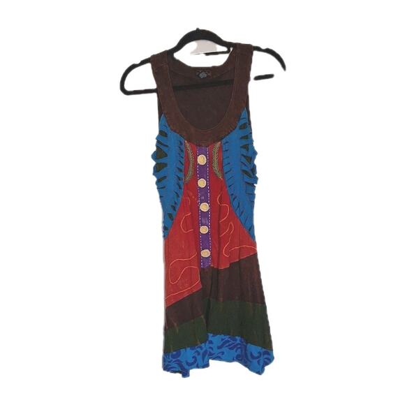 Vtg Rising International Patchwork Dress Womens L Hippie Boho Coverup Artsy Acid - Picture 1 of 8